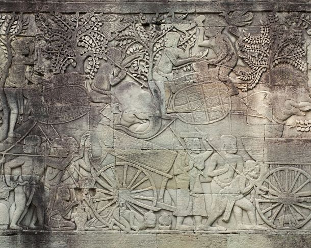 sm_bayonN1421 Stone carving depicting scenes from a military procession of the army of Jayavarman VII, Bas-relief of the outer gallery East side, Bayon temple, Angkor Thom,...