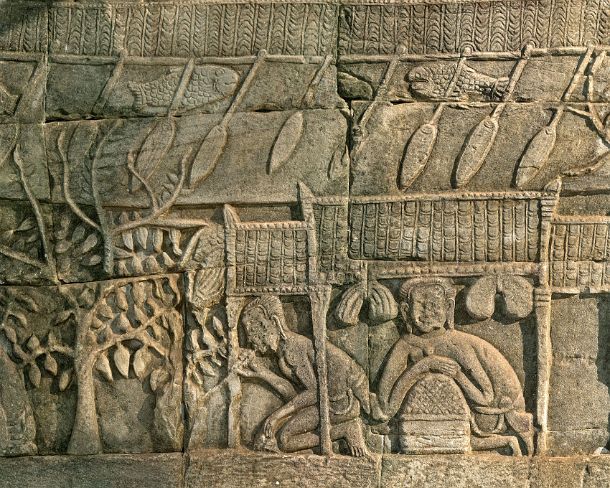 sm_bayonN1426 Bas-relief carved in stone depicting genre scenes of the daily life of the fishermen along the shores of Tonle Sap, Outer gallery South side, Bayon temple,...