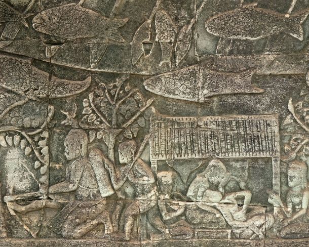 sm_bayonN1427 Bas-relief carved in stone depicting genre scenes of daily life along the shores of Tonle Sap, Outer gallery South side, Bayon temple, Angkor Thom, Siem Reap,...