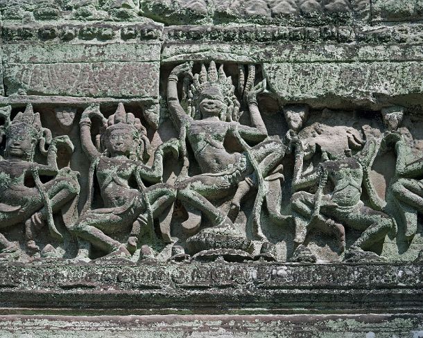 smpreakhanN1455 Carved sandstone lintel depicting apsaras, celstial dancers, at the of Hall of Dancers, Preah Khan temple, built by King Jayavarman VII in 12th century, Angkor,...