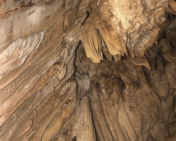 sm_deercave_0040 Amazingly shaped calcite deposits (speleothems) created by drippling water at the cave wall, Lang Cave, Gunung Mulu National Park, Sarawak, Borneo, Malaysia