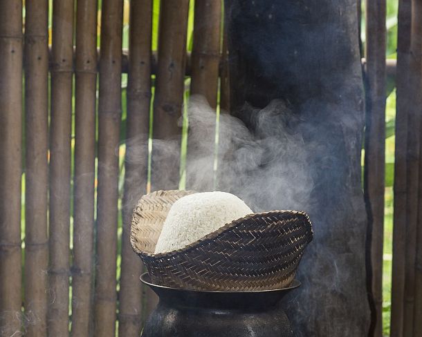 smLuangPN1546 Steaming sticky rice cooking in apot on simmering water, traditional cooking of sticky rice, Living Land Rice Farrm in Ban Phong Van close to Luang Prabang,...