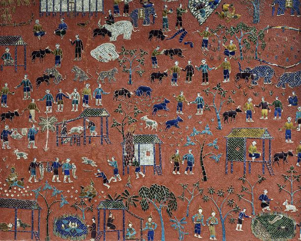 smLuangPtemplesN1578 Brightly colored glass mosaic depicting stories from the parabels of Siaosawat, including religious activities and daily life scenes, external wall of the Red...