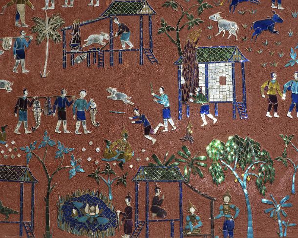 smLuangPtemplesN1579 Brightly colored glass mosaic depicting stories from the parabels of Siaosawat, including religious activities and daily life scenes, external wall of the Red...