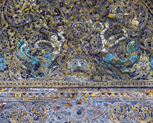 smLuangPtemplesN1582 Elaborate glass mosaic decorations displaying a mythological creature called kinnaree which is represented as half-bird and half-woman, Standing Buddha Chapel,...