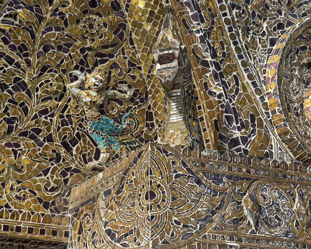 smLuangPtemplesN1583 Elaborate glass mosaic decorations displaying a mythological creature called kinnaree which is represented as half-bird and half-woman, Standing Buddha Chapel,...