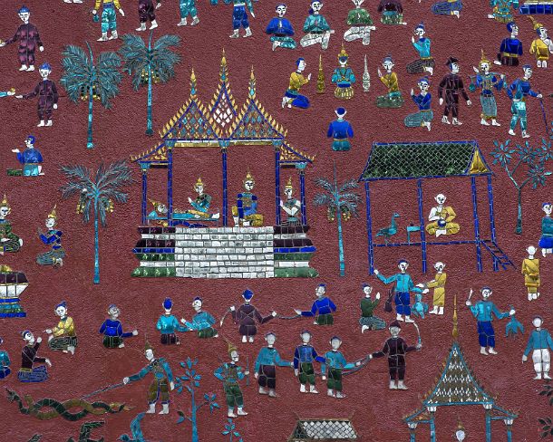 smLuangPtemplesN1584 Brightly colored glass mosaic depicting stories from the parabels of Siaosawat, including religious activities and daily life scenes, external wall of the Red...