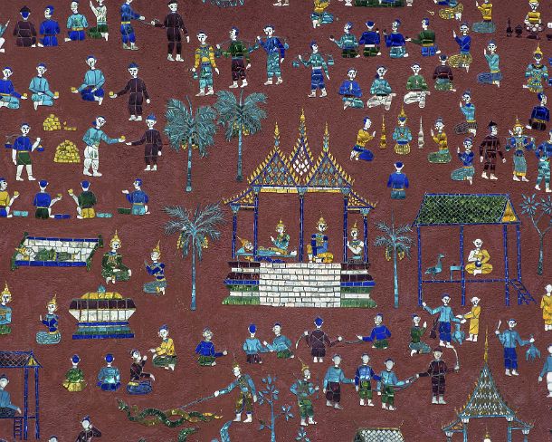 smLuangPtemplesN1586 Brightly colored glass mosaic depicting stories from the parabels of Siaosawat, including religious activities and daily life scenes, external wall of the Red...