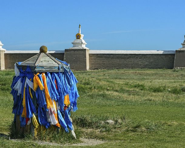 smMongolN1664 Khatas, traditional ceremonial silk scarfs tied at a holy place in Erdene Zuu monastery, probably the earliest surviving Buddhist monastery in Mongolia, located...