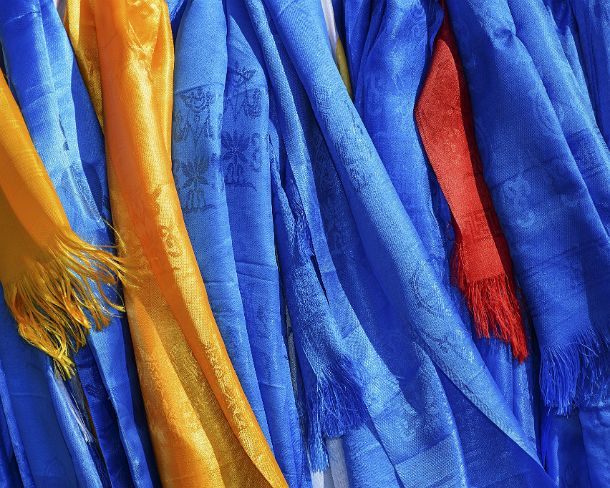 smMongolN1665 Khatas, traditional ceremonial silk scarfs in Tibetan Buddhism, Mongolian khatas are typically of blue color symbolizing the sky, Erdene Zuu, Övörkhangai Aimag,...