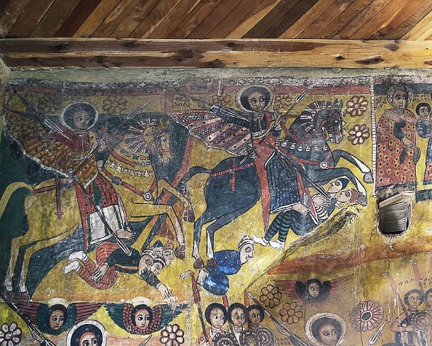 smgva_ET_x3233_g Equestrian Saints galopping, Saint Victor (Fikitor the Martyr), Saint Aboli (rechts), right corner: Joseph and Maria carrying Jesus on her bac, fresco in the...