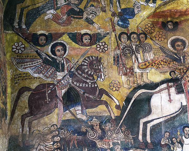 smgva_ET_x3236_g Saint Theodore the Oriental (Banadlewos) galopping on a brown horse into battle against the Egyptians, fresco in the church Abreha wa Atsbaha, Gheralta region,...