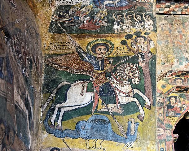 smgva_ET_x3260_g Saint George spearing the dragon and rescuing Princess Birutawit, the daughter of the King of Beirut, canvas painting in the orthodox church Abreha wa Atsbaha,...