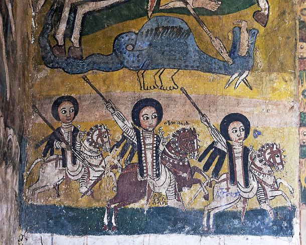 smgva_ET_x3265_g Three riding noblemen, the one in the middle being identified as Ledj Haile Selassie, canvas painting in the orthodox church Abreha wa Atsbaha, Gheralta region,...