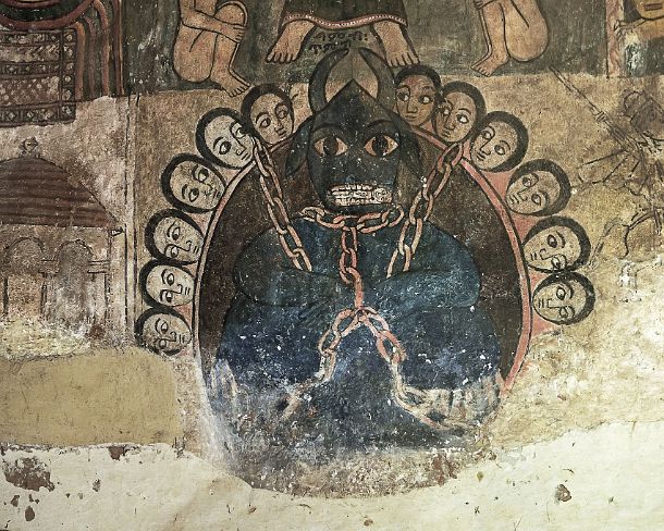 smgva_ET_x3270_g Depiction of Hell showing a dark blue horned Satan in chains, surrounded by heads of the condemned, Fresco in the orthodox church Abreha wa Atsbaha, Gheralta...