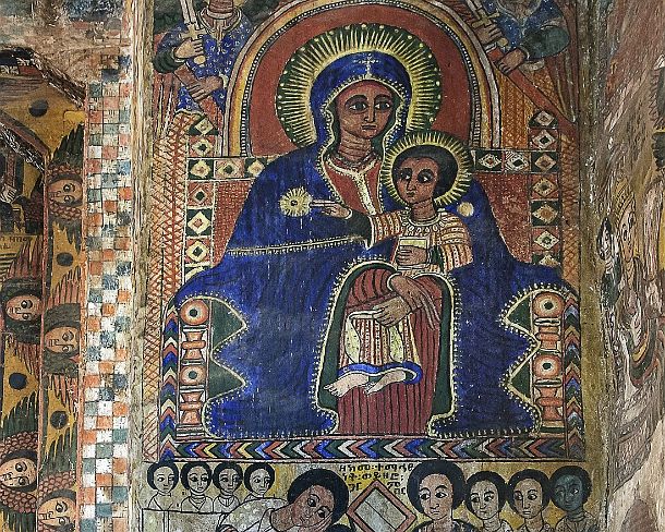 smgva_ET_x3278_g Above: colorful painting of the Virgin with Child, below: the donor of these paintings Woizero Jenbere (AmetSelassie) surrounded by servants, canvas painting in...