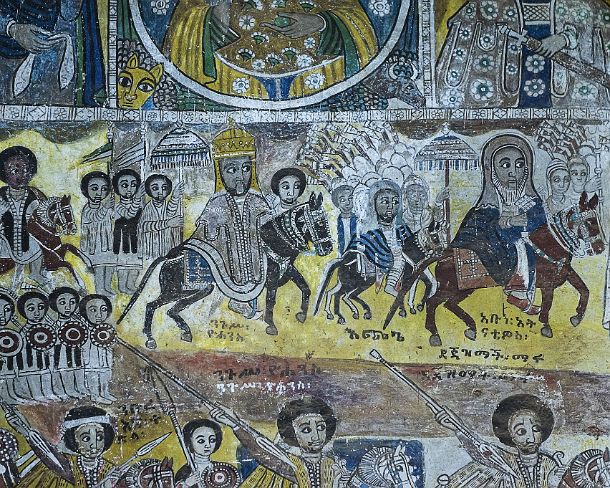 smgva_ET_x3290_g ProcessionÂ withÂ EmperorÂ YohannisÂ IVÂ (left) mountingÂ aÂ blackÂ horse and AbunaÂ AtenatewosÂ mountingÂ aÂ brownÂ horse, fresco in the orthodox church Abreha...