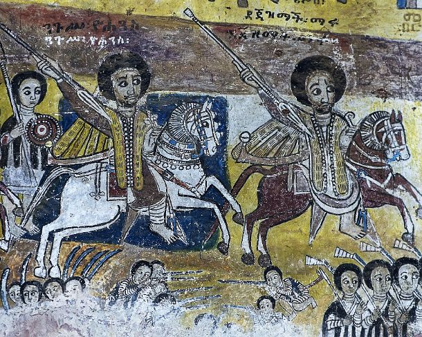 smgva_ET_x3291_g EmperorÂ YohannisÂ IVÂ (left)Â mountingÂ aÂ whiteÂ horseÂ accompaniedÂ byÂ hisÂ brotherÂ DejazmachÂ MaruÂ aÂ brownÂ horse,Â going into battle against the...