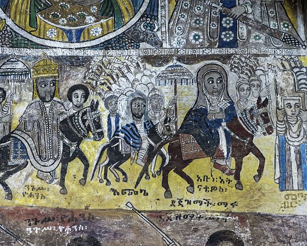 smgva_ET_x3294_g ProcessionÂ withÂ EmperorÂ YohannisÂ IVÂ (left) mountingÂ aÂ blackÂ horse and AbunaÂ AtenatewosÂ mountingÂ aÂ brownÂ horse, fresco in the orthodox church Abreha...