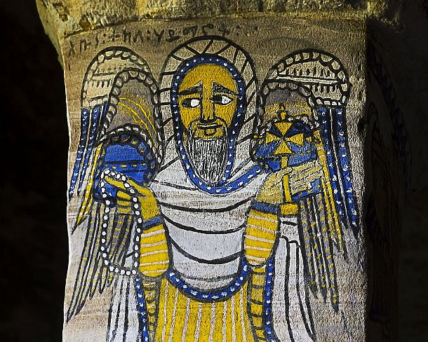 smgva_ET_x1740_g Ethiopian saint Tekle Haymanot holding a yellow hand-cfross white prayer beads, Frescos in the orthodox rock-hewn church Abuna Gebre Mikael at Koraro, Gheralta,...