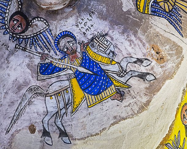 smgva_ET_x1742_g The equestrain Saint Claudius holding a lance and mounting a horse at full gallop, fresco in the orthodox rock-hewn church Abuna Gebre Mikael at Koraro,...