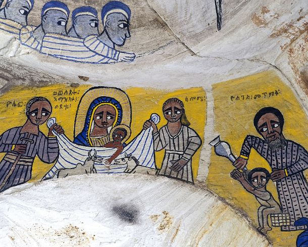 smgva_ET_x1759_g The nativity accompanied by Joseph and Samome, Fresco in the interior of the rock-hewn church Abuna Gebre Mikael at Koraro, Gheralta, Tigray, Ethiopia