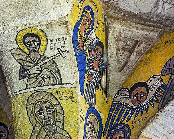 smgva_ET_x1763_g Saints of the Ethiopian-orthodox church: Prophet Zechariah, Abba Aragawi, Archangel Gabriel, Abba Yemata, Abba Likanos and Abba Dimianes, frescos in the...