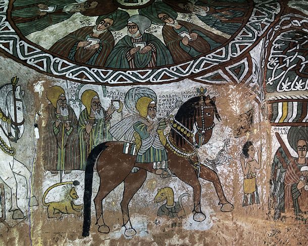 smgva_ET_x2423_g Cupola with Aksumite Saints, below procession of Abuna Yemata riding a brown horse, frescos in the orthodox rock-hewn church Abuna Yemata Guh, Gheralta region,...