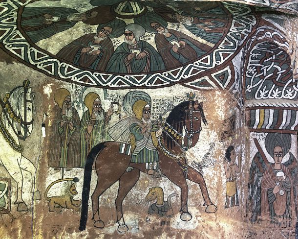 smgva_ET_x2432_g Cupola with Aksumite Saints, below procession of Abuna Yemate riding a brown horse, frescos in the orthodox rock-hewn church Abuna Yemata Guh, Gheralta region,...