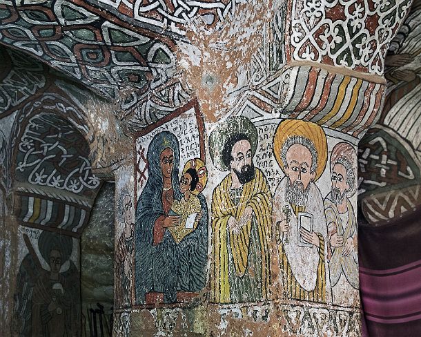 smgva_ET_x2433_g The virgin with child Abuna Esi (right), fresco at a column in the orthodox rock-hewn church Abuna Yemata , Gheralta, Tigray, Ethiopia