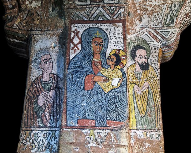 smgva_ET_x2435_g The virgin with child between Abuna Esi (right) and and unknown figure to her left, fresco at a column in the orthodox rock-hewn church Abuna Yemata , Gheralta,...