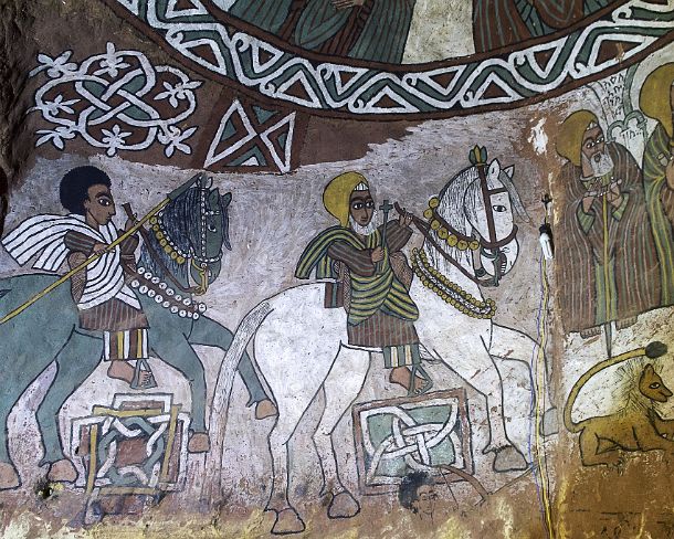 smgva_ET_x2446_g Two equestrian clerical people, a monk and a layman, following the procession of Abuna Yemata, Fresco in the orthodox rock-hewn church Abuna Yemata , Gheralta,...