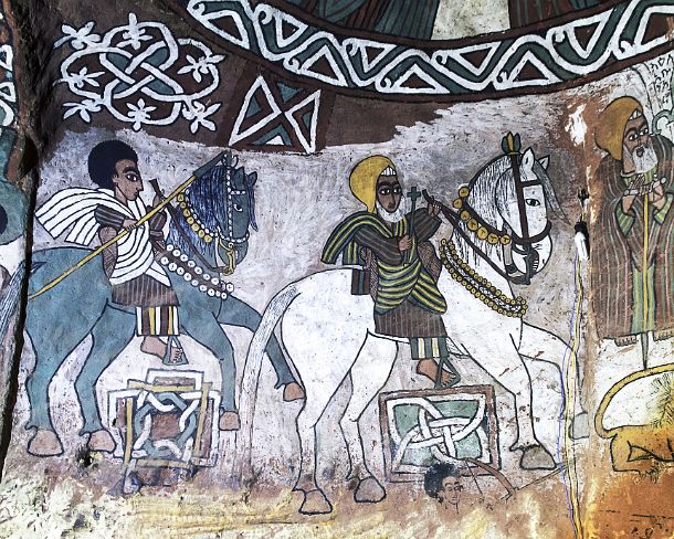 smgva_ET_x2447_g Two equestrian clerical people, a monk and a layman, following the procession of Abuna Yemata, Fresco in the orthodox rock-hewn church Abuna Yemata , Gheralta,...