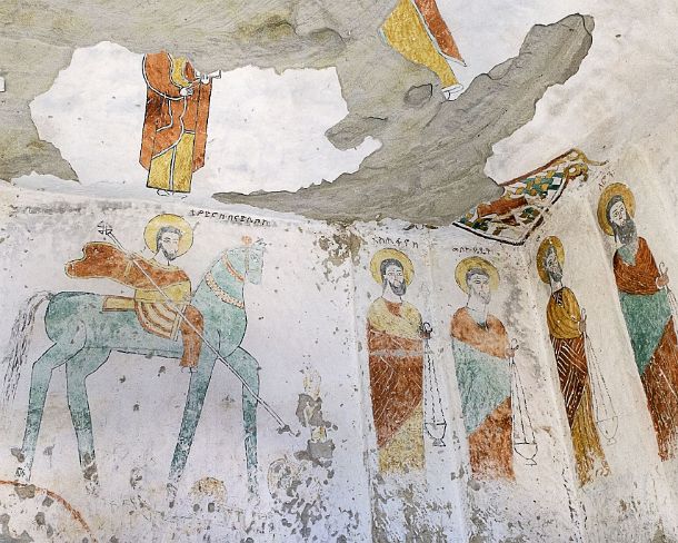 smgva_ET_x2065_g The Saint Theodore the Oriental (Banadlewos) riding a horse, to his right Stephen and Melchizedek a mythical king and priest mentioned in the bible, fresco in...