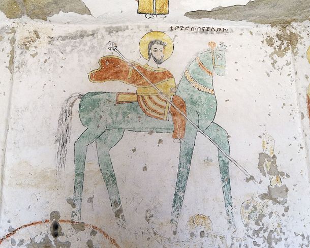 smgva_ET_x2071_g Saint Theodore the Oriental (Banadlewos) riding a horse, fresco in the orthodox rock-hewn church Daniel Qorqor, Gheralta region, Tigray, Ethiopia