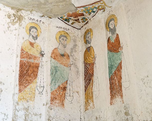 smgva_ET_x2076_g From left to right: the Ethiopian Christian monk Stephen and Melchizedek a mythical king and priest mentioned in the bible, Moses and Aaron, fresco in the...