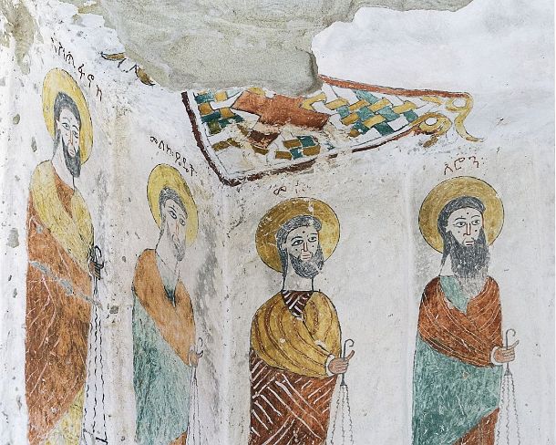 smgva_ET_x2080_G From left to right: the Ethiopian Christian monk Stephen and Melchizedek a mythical king and priest mentioned in the bible, Moses and Aaron, fresco in the...