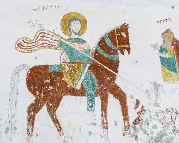 smgva_ET_x2146_g Saint Mercury mounting a dark brown horse, fresco in the orthodox rock-hewn church Daniel Qorqor, Gheralta region, Tigray, Ethiopia