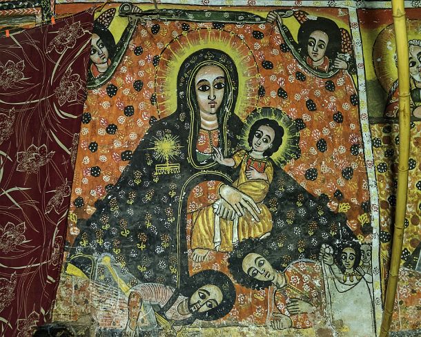 smgva_ET_x1874_g Virgin Marya with the child, the Archangels Gabriel and Michael are holding in the background a richly embroidered cloth, fresco in the in the orthodox rock...