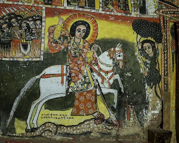 smgva_ET_x1879_g Saint George mounted on a white horse is spearing a dragon and rescuing the daughter of the king of Beirut, princess Birutawit, fresco in the in the orthodox...