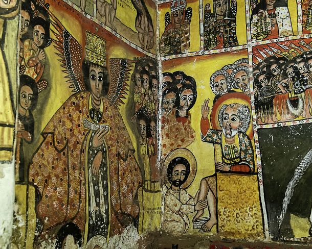 smgva_ET_x1883_g Left: depiction of Archangel Michael, right: Jesus washes the feet of apostel Peter, fresco in the orthodox rock church Maryam Papaseyti, Gheralta, Tigray,...