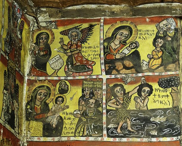 smgva_ET_x1900_g The Annunciation, the nativity, the adoration and the baptism depicted in four scenes, fresco in the orthodox rock church Maryam Papaseyti, Gheralta, Tigray,...