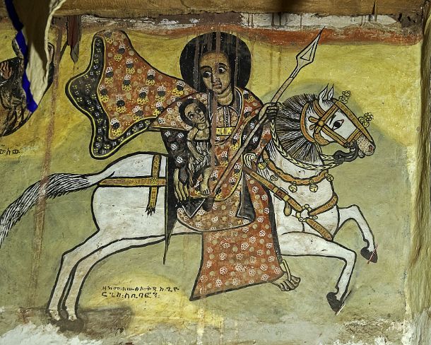 smgva_ET_x1904_g Saint George mounted on a galloping white horse is returning back the son of Befamon (Bifan), fresco in the in the orthodox rock church Maryam Papaseyti,...