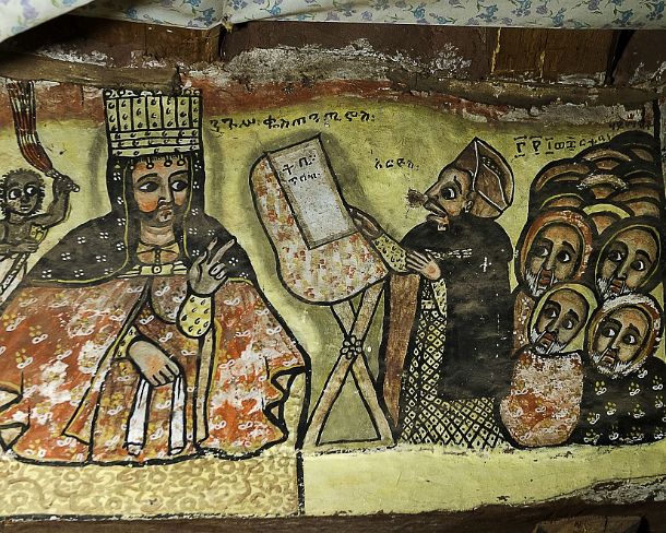 smgva_ET_x1906_g Emperor Constantine listening to Arius at the council of Nicacea in AD 325 , fresco in the orthodox rock church Maryam Papaseyti, Gheralta, Tigray, Ethiopia