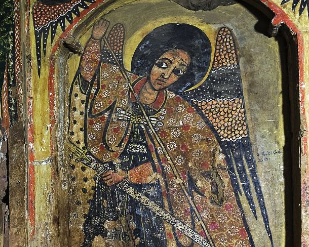 smgva_ET_x1908_g Depiction of the miraculous deliverance of a church in Alexandria built by mistake on the back of a sea monster and rescued by Archangel Raphael, fresco in the...