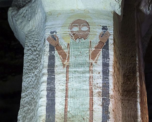 smgva_ET_x2165_g Saint Onuphrius, only a striped light blue and white beard is covering his naked body, fresco in the orthodox rock church Debre Maryam Qorqor, Gheralta, Tigray,...