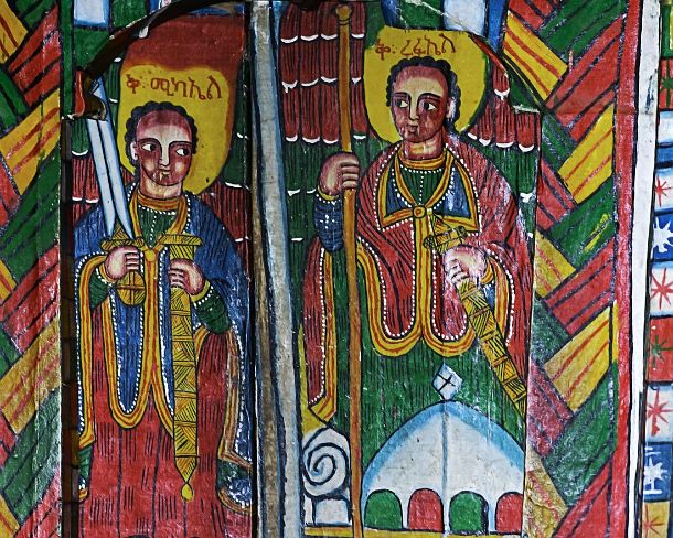 smgva_ET_1635_g Representation of archangel Mikael (left) and archangel Raphael (right), canvas painting, orthodox rock-hewn church Mikael Mellehayzengi, Tsaeda Amba, Tigray,...