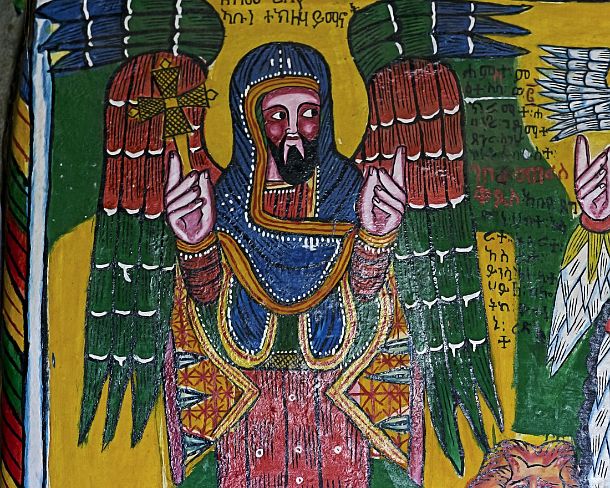 smgva_ET_1643a_g Ethiopias most revered Saint, the monkTekle Haymanot represented with angel wings and an only one foot, canvas painting, orthodox rock-hewn church Mikael...