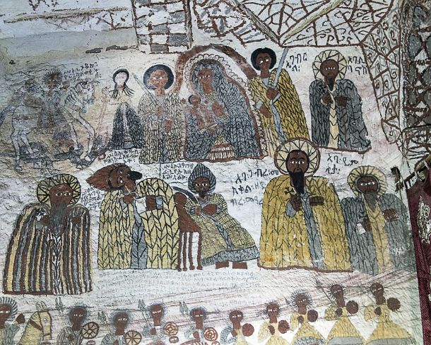 smgva_ET_x2347_g North wall of the church depicting: upper register from left to right: Birutawit, The Virgin with the child and the Archangels Michael and Gabriel, lower...