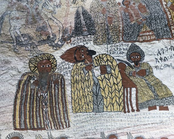 smgva_ET_x2350_g Left: the hermit Gebre Menfas who tamed wild beasts, middle: John, the Evangelists writing a gospel, right: Abba Gebre Iyasus, possibly the painter of the...